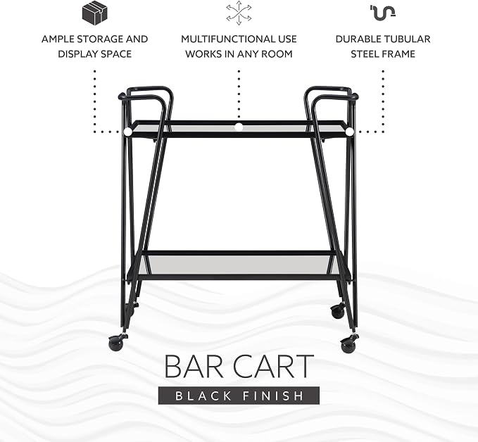 Linon Gina Black Mid Century Bar Cart with Mirrored Shelves