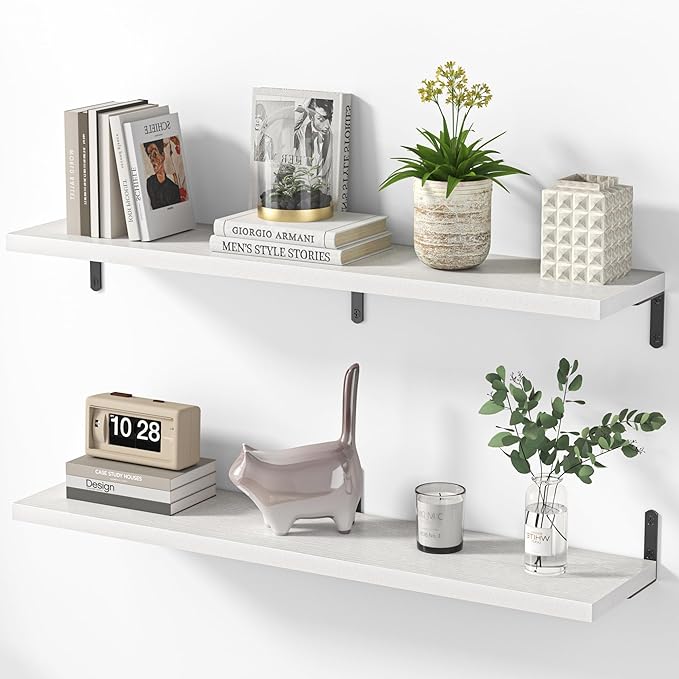 Marsmiles Extra Wide Floating Shelves for Wall, 40x8 Inch Natural Wood Grain Bookshelves, Heavy Duty Mounted Shelving for Bathroom, Kitchen, Living Room, Bedroom,Set of 2，White