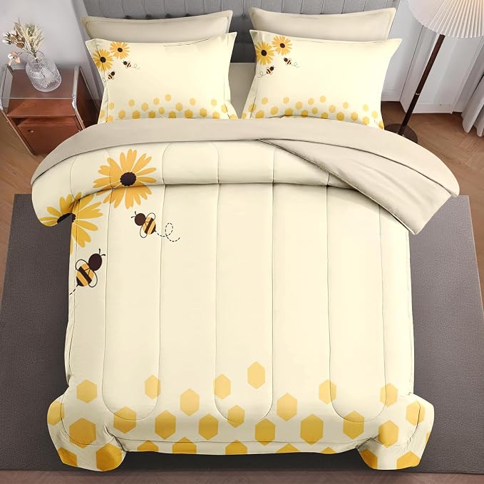 7Pcs Comforter Set Full Size, Honey Bee Themed Yellow Sunflower, Bedding Decor Cute Daisy Flower Bumble Honeycomb Bedroom Bed Set Flat Sheet Fitted Sheet Pillowcases Shams for Kids and Adults
