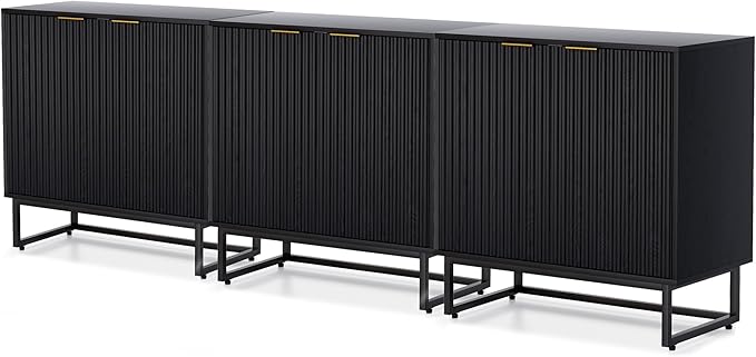 Fluted Storage Cabinets Set of 3, Sideboard Buffet Cabinet Modern Accent Cabinet with Adjustable Shelves, Credenza, Console Table Entryway Cabinets for Living Room, Black