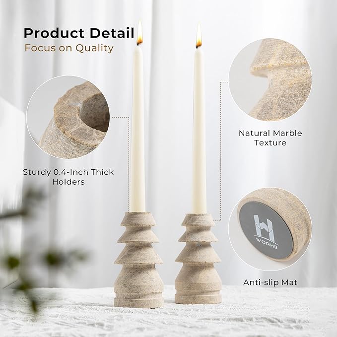 WORHE Marble Candle Holders Set of 2, Natural Stone Candlestick Holder for Christmas Decor, Wedding Centerpiece, Dining Table Fits 3/4" Taper Candles, Non-Slip Base, Light Brown (WH070)
