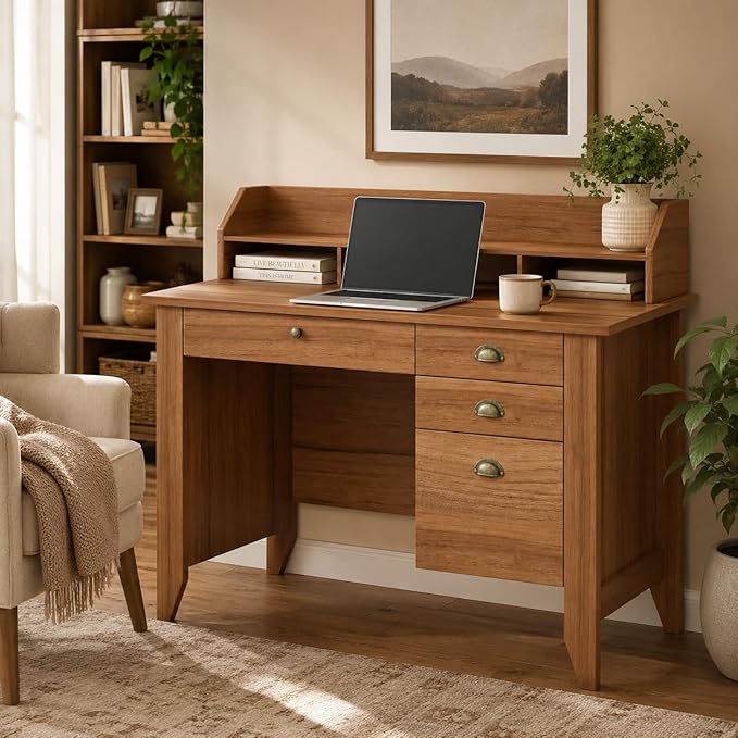 4 EVER WINNER Desk with Drawers, 47'' Small Desk with Monitor Stand and File Drawer, Computer Desk with Storage for Bedroom, Living Room, Small Spaces, Walnut
