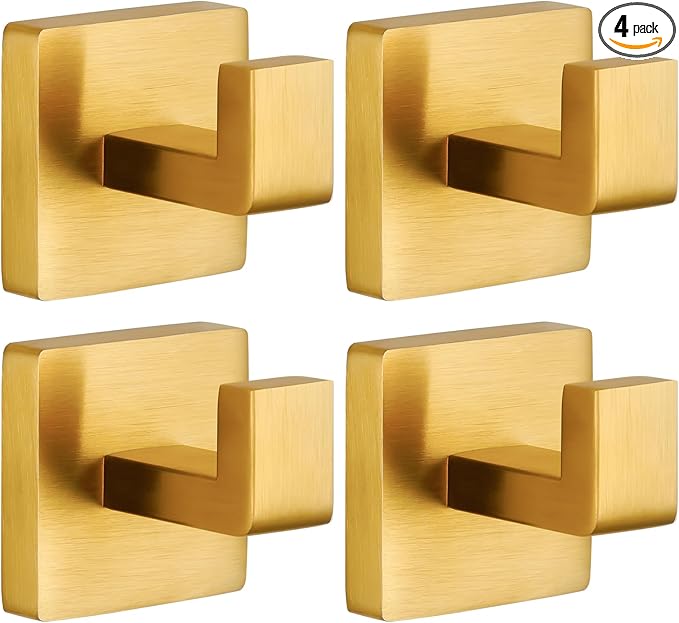 Towel Hooks for Bathrooms Robe Hook Coat Hook 4 Pack Brushed Gold Stainless Steel Heavy Duty Wall Mounted Square Hooks for Bathroom Kitchen Bedroom