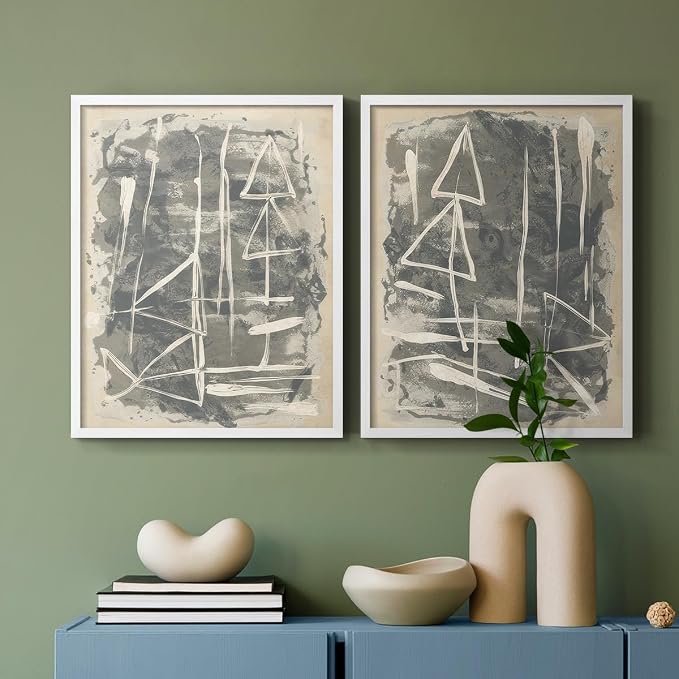 Renditions Gallery Set of 2 Peel & Stick Framed Prints, Trendy Abstract Wall Art, Textured Linework Striking Wall Decor, Re-Stickable - Ready to Hang - 8"x10" - White Frame LT588