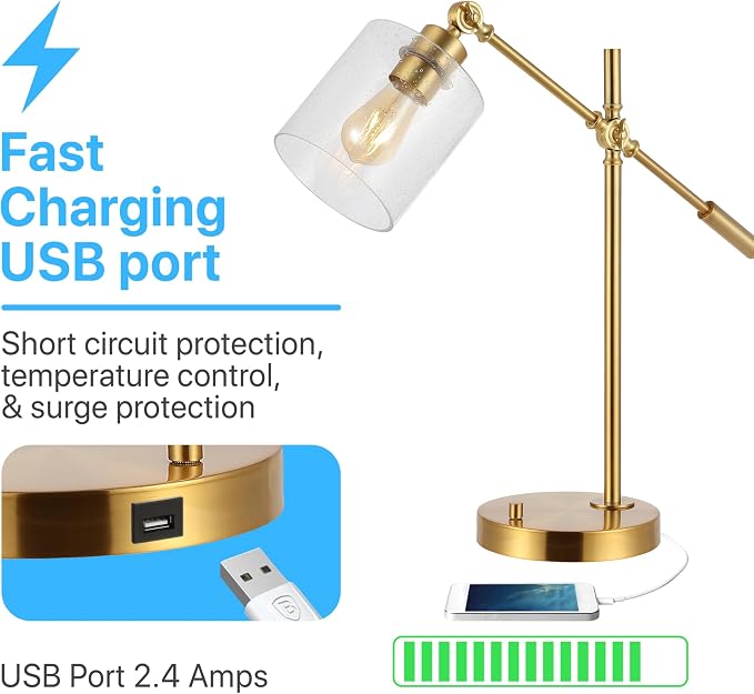 JONATHAN Y 23" Brass Gold 1-Light Iron and Seeded Glass Task Lamp, Modern Industrial Adjustable Desk Lamp with USB Charging Port for Home Office, UL Listed, LED Bulb Included JYL3082A