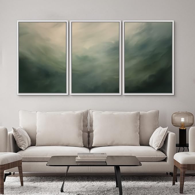 SIGNWIN Framed Canvas Print Wall Art Set Green Abstract Cloudy Landscape Illustrations Modern Art Decorative Boho Relax/Zen Nordic for Living Room, Bedroom, Office - 16"x24"x3 White