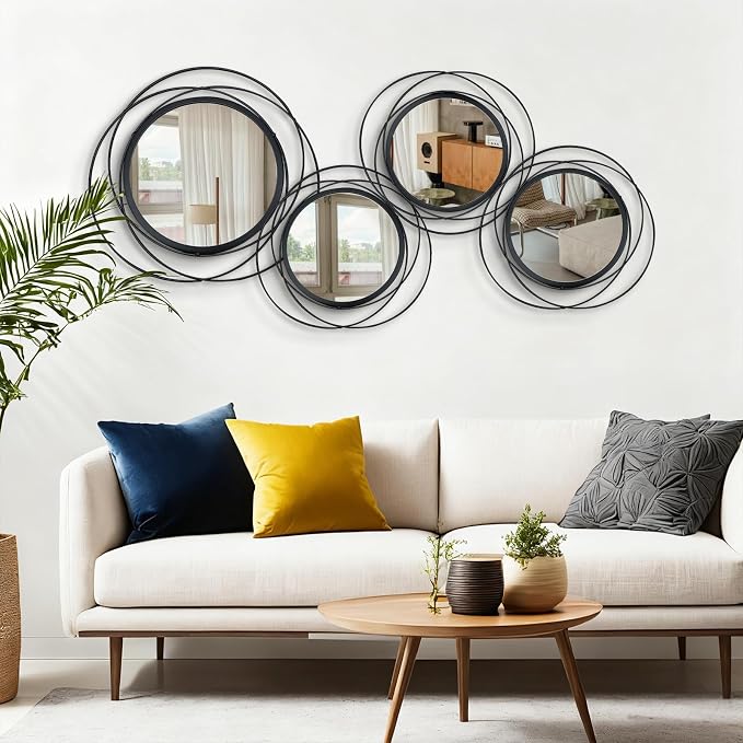 4 Set Circle Mirrors for Wall Decor for Living Room Bedroom Bathroom Entryway Metal Round Mirror Decorative Hanging Mirrors Sun Bohemian Geometric Accent Sculpture -Black 11 in/9.2 in