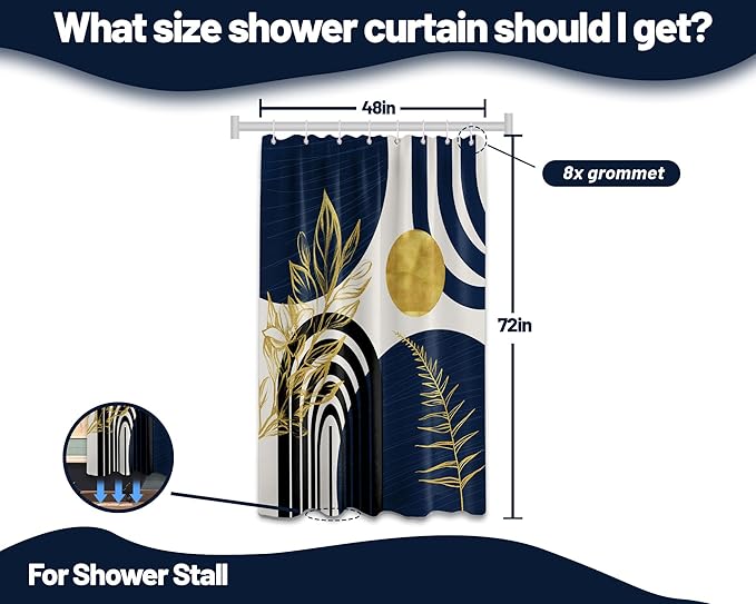 Mid Century Modern Navy Blue Shower Curtain Boho Dark Blue and Gold Leaves Shower Curtains for Mens Bathroom Decor Sets, Waterproof Cloth Fabric with Hooks, 48x72in