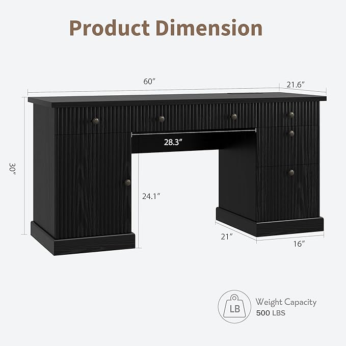 Garvee 60" Office Desk with Storage & Drawers. Fluted Wood Computer Desk with Power Outlet & Adjustable Shelves.Modern Executive Desk for Home Office/Bedroom/Gaming-Black