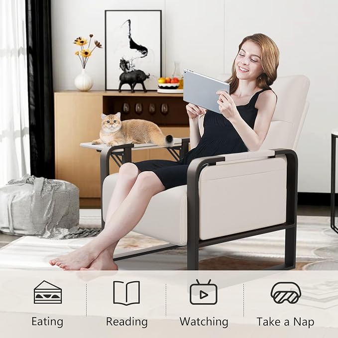 Upholstered Living Room Chair Armchair, Mid Century Faux Leather Metal Accent Chair, Reception Couch Office Guest Chair Slipper Club Lounge Single Sofa with Sidetable for Bedroom-Beige