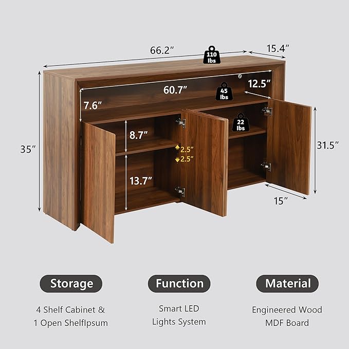 66.2" Buffet Cabinet with Storage and led Lights,Modern Sideboard Cabinet with 4 Doors & Shelves,Fluted Media Console Mid Century Coffee Bar Table for Living Room Kitchen Dining Room,Walnut