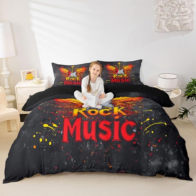 Erosebridal Rock Music Bedding Set Full for Boys Men - Rock Roll Electric Guitar Duvet Cover Vintage Cool Flame Wings Guitar Comforter Cover,Trendy Punk Music Bed Set