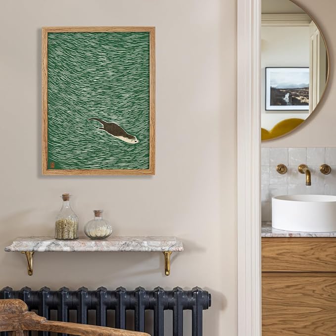 Framed Japanese Otter Swimming Poster Funny Nature Wild Animal Pictures Retro Minimal Green Water Canvas Wall Art for Living Room Bedroom Bathroom 08x10 inch
