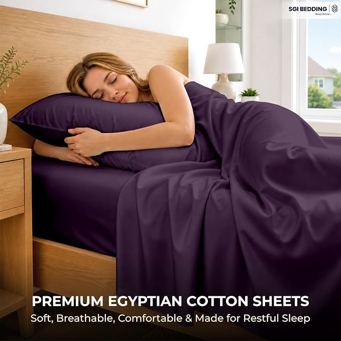 SGI bedding 100% Egyptian Cotton Sheets Twin XL Size – 600 Thread Count Sheets Set, Soft, Cooling, 15" Deep Pocket, Luxury Hotel Bedding, Breathable, Durable - Plum