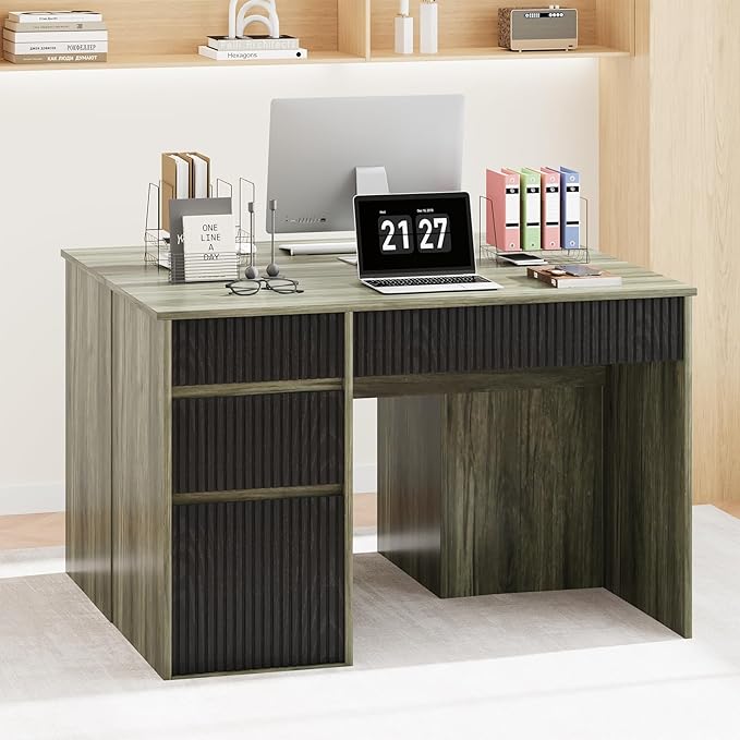 4 EVER WINNER Computer Desk with Drawers, 48 Inch Fluted Small Desk with Storage, Wood Home Office Desk for Study, Living Room, Bedroom, Grey