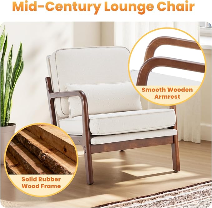 DUMOS Accent Chair Mid Century Modern Chair with Arms and Waist Cushion, Reading Chairs for Adults with Solid Frame, Lounge Side Sitting Armchair for Living Room, Bedroom, Balcony, Creamy