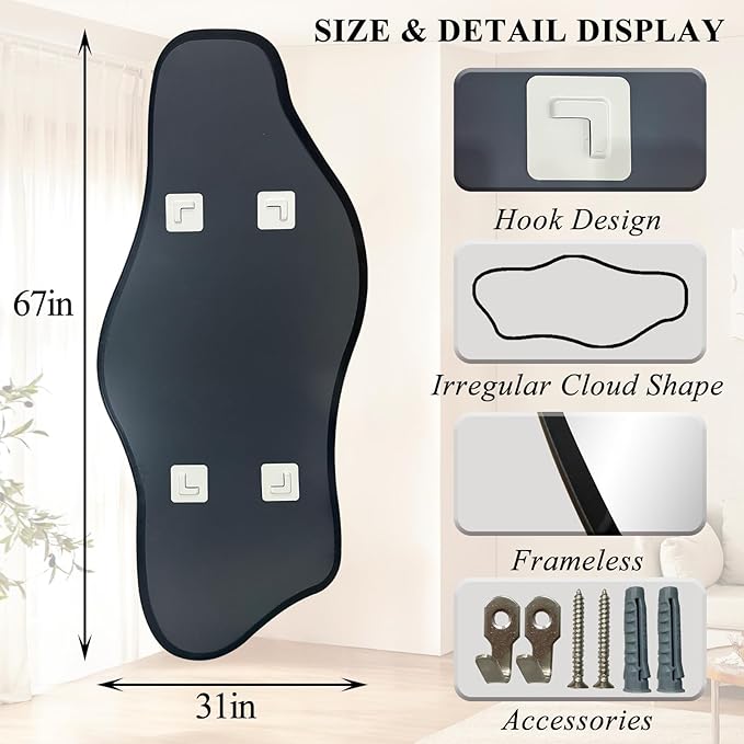 Irregular Mirror Full Length, 67"x31" Asymmetrical Tempered Glass Mirrors for Dressing, Modern Large Abstract Frameless Mirrors for Living Room Bedroom Hallway Entryway, Horizontal or Vertical Hanging