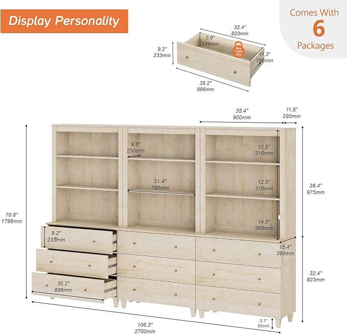 WAMPAT 71" Tall Bookcase with 9 Drawers & Open Shelves, 3 Column Modern 3-Tier Bookshelf with Adjustable Shelf, 106" Wide Wooden Display Book Shelf for Home Office, Living Room, Bedroom, Light Oak