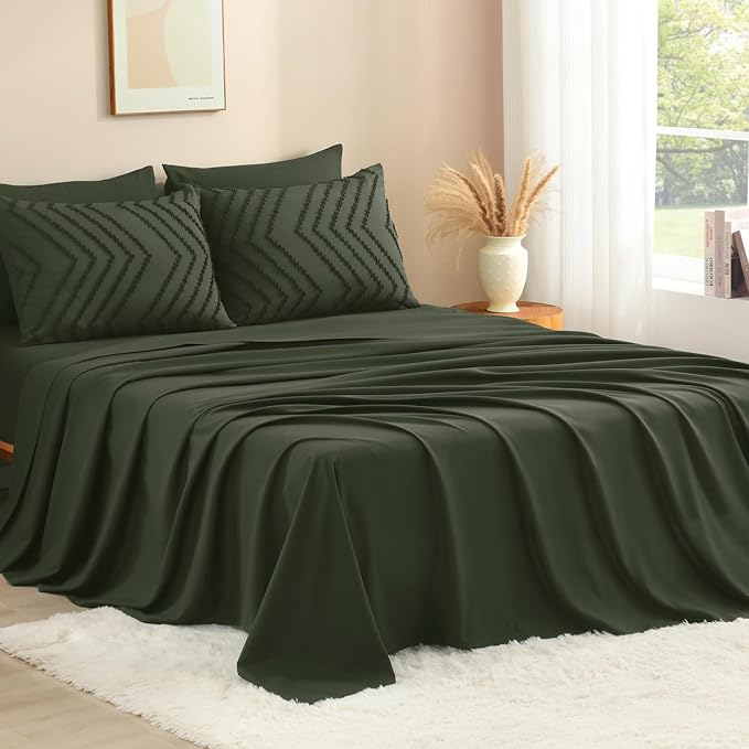 Litanika Full Size Comforter Sets with Sheets Dark Olive Green - 7 Pieces Bed in a Bag Full Chevron Tufted Complete Bedding Sets with Comforter, Sheets, Pillowcases & Shams