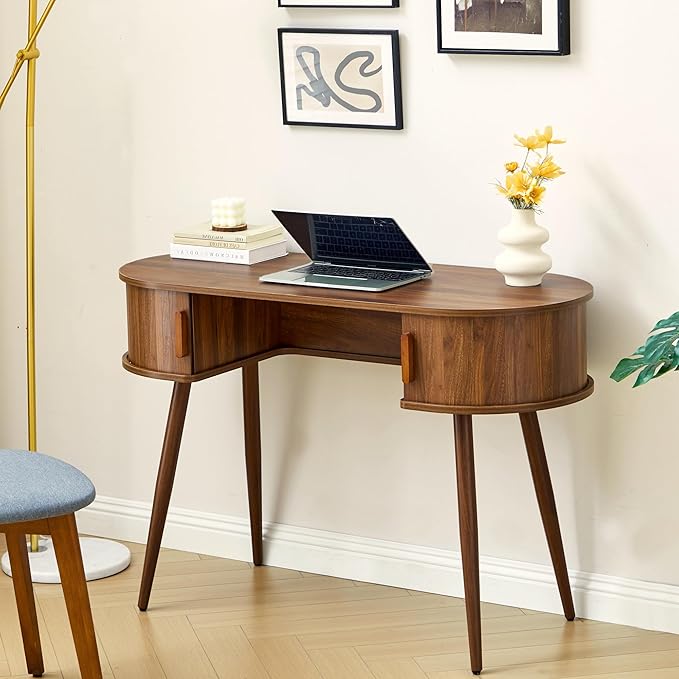 Mid-Century 43" Wood Writing Desk, Home Office Computer Laptop Desk with 2 Sliding Storage Space, Elegant Fluted Vanity Table Multifunctional Study Desk for Office, Bedroom (Wlanut-43)