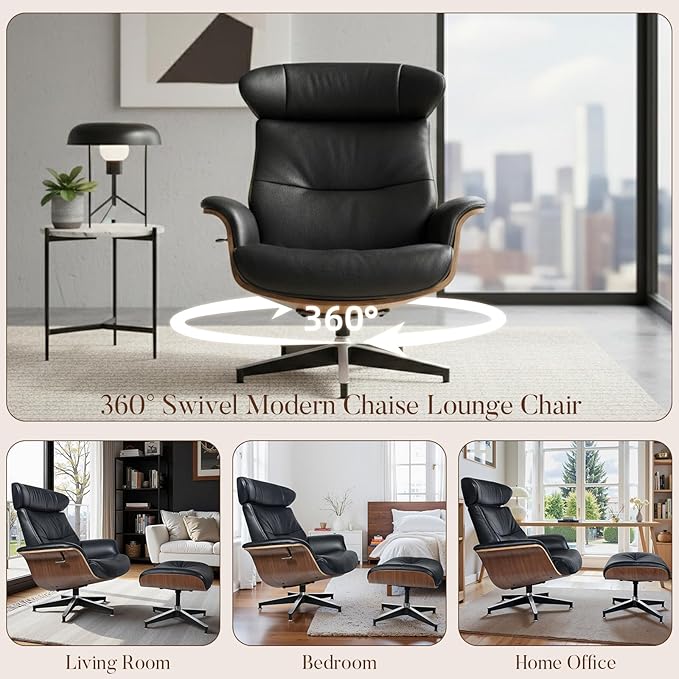 Mid Century Modern Chaise Lounge Chair with Ottoman,Swivel Accent Chair Top Black Full Grain Leather,Walnut Wood,Adjustable Backrest Headrest,Heavy Duty Metal Base for Office,Living Room,Black