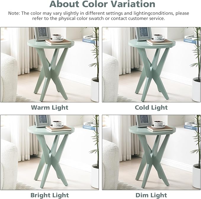 Modern Round End Table Set of 2 with Crossed Legs, Unique Small Green Side Table, Outdoor Accent Table, Easy Assembly Bedside Table for Living Room, Balcony, Small Spaces