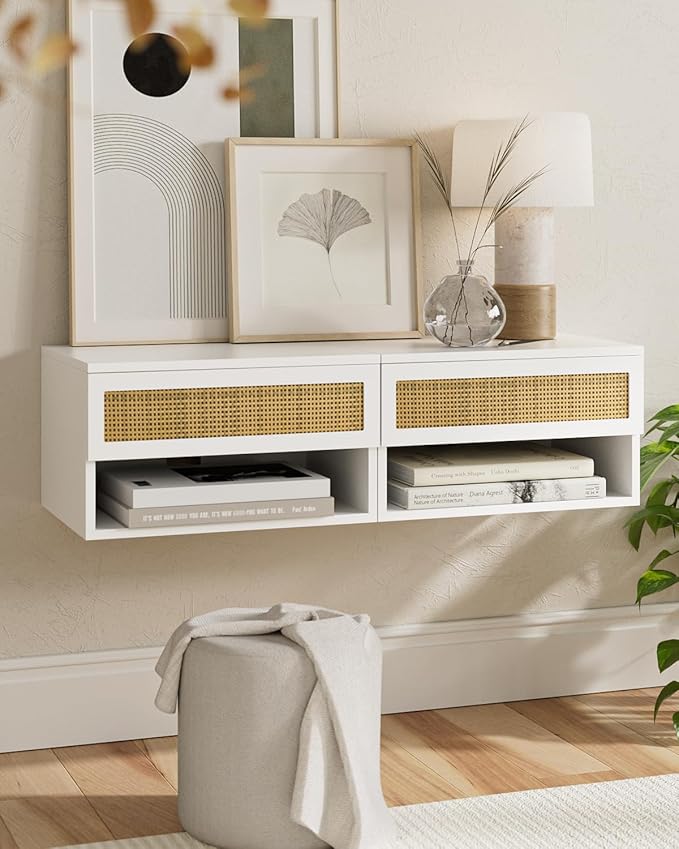 Small Modern Nightstand with Drawer, Floating Shelves for Bedroom, Bathroom (White Rattan)