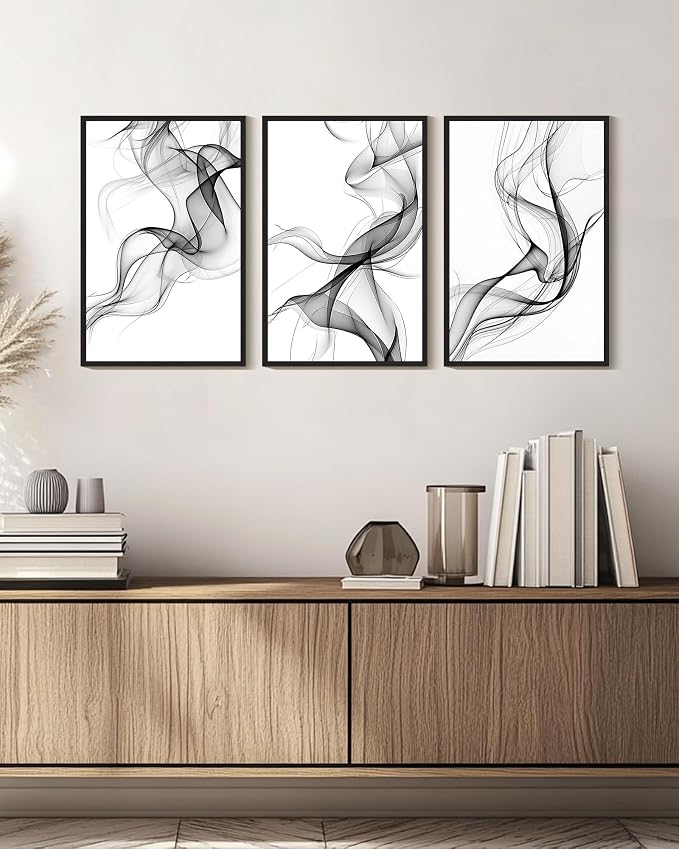 KUVIOKE Black White Abstract Framed Canvas Wall Art Ink Wash Pastel Wall Decor Modern Transparent Fog Illustration Art Painting for Bedroom Dining Room 16x24in (Black Framed)