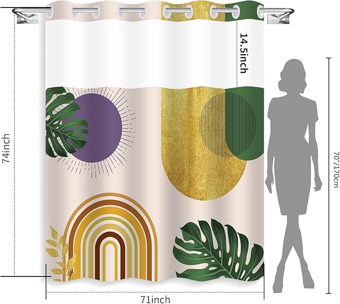 No Hook Shower Curtain,Purple and Green Plant,Mid Century Farmhouse,Modern Geometric Sun,Double-Layered Shower Curtain with High Visibility Window,White Lining Detachable,71x74Inch