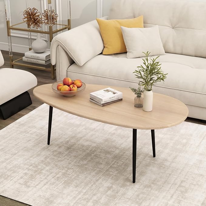 Giantex Oval Coffee Table, Mid Century Modern Center Table with Sturdy Metal Frame and Compact Design, Vintage Accent Cocktail Tea Table, Wood Living Room Tables for Small Spaces (Natural)