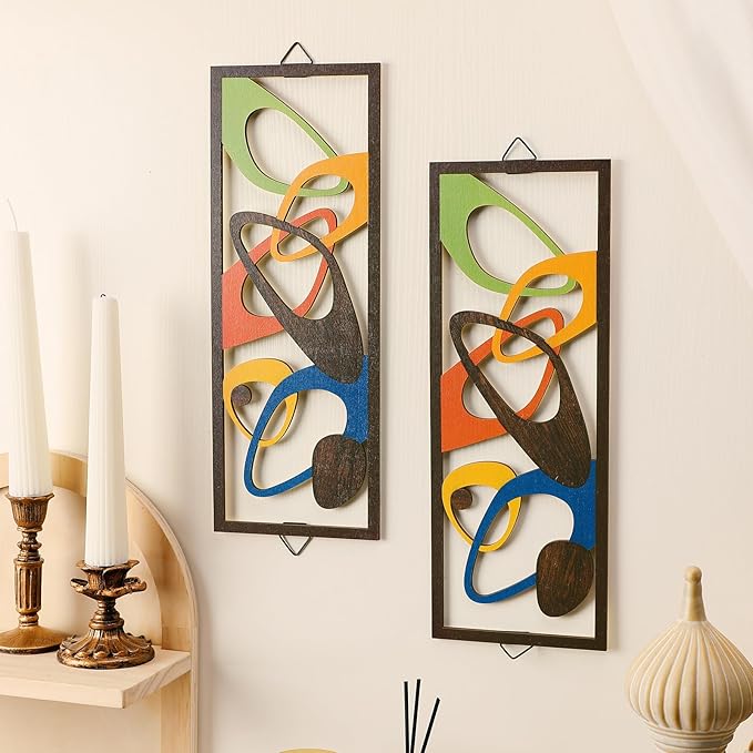 CroBlissful 2 Pcs Mid Century Wall Art Mid Century Modern Decor Elegance Wall Accents Wood Abstract Decor Geometric Panels for Interior Panel Wood Art for Home Living Room