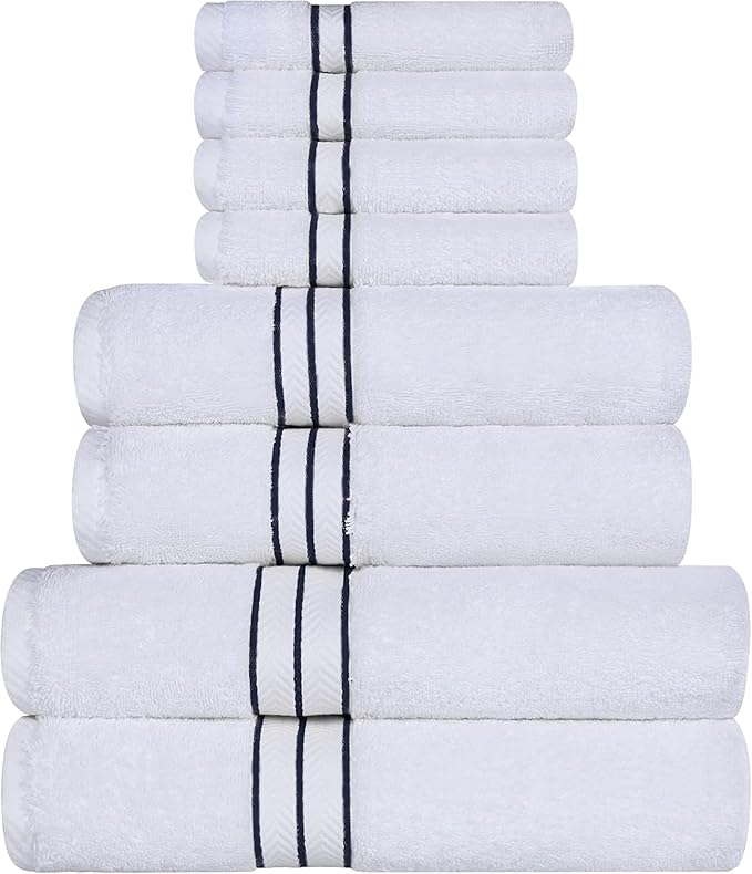 Superior Turkish Cotton Ultra-Plush 8-Piece Towel Set, Ideal for Master Bath, Guest Bathroom, Fast Drying, Shower, Spa, Face/Washcloths, Hand, Bath Towels, Absorbent, Home Basics, Navy Blue