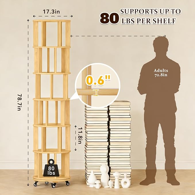 6 Tier Rotating Solid Wood Bookshelf, Corner Small Bookshelf Lazy Susan Organizer,Circular Rotating Spinning Bookshelf on Wheels, Revolving 360° Bookshelf for Small Spaces for Bedroom Natural