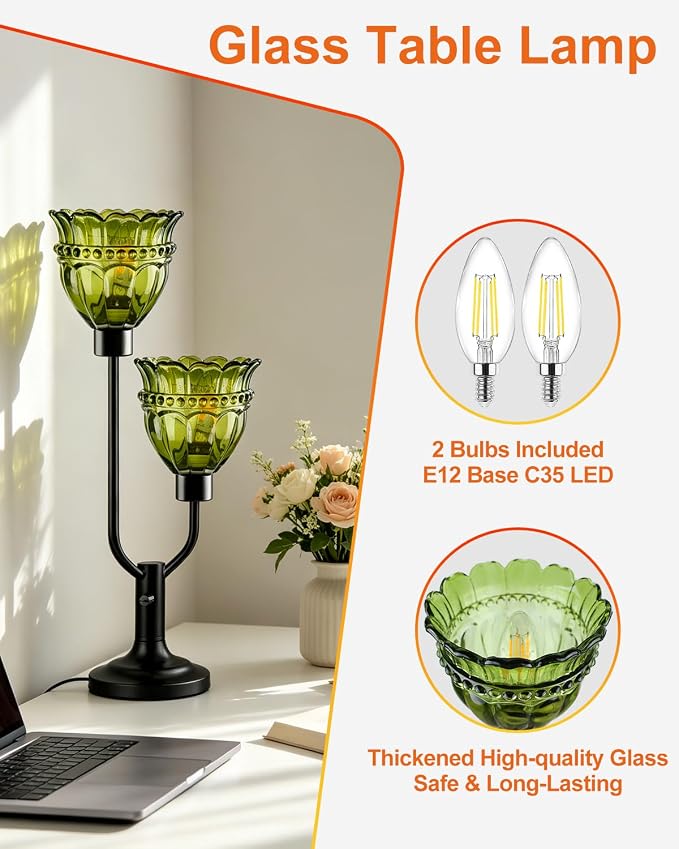 Lightdot Vintage Table Lamp for Bedroom Dimmable Mid Century Modern Black Desk Lamp Green Glass Nightstand Lamp 2 Bulbs Included Warmwhite Ambient Bedside Lamps for Living Room Home Office Decor Gift