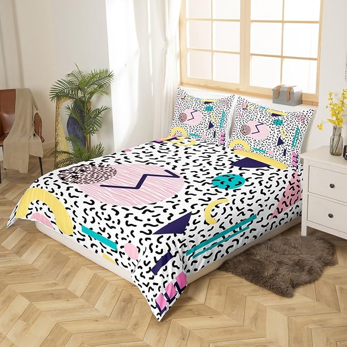 Memphis Duvet Cover Set Queen Size, Vintage Hip Hop Comforter Cover with 2 Pillowcases, Retro 80s or 90s Geometric Fashion Style Bedding Set for Kids Boy Girls Lightweight Bedspread Cover,No Comforter