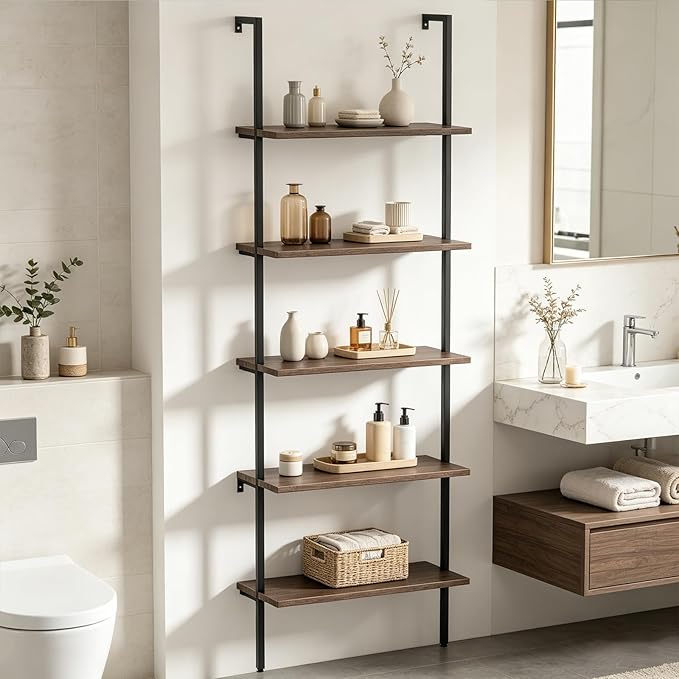 aboxoo Ladder Shelf 2PCS Open Bookshelf 5-Tier Wall-Mounted Wood Bookcase Rack Open Back Industrial Modern Plant Flower Stand Utility OrganizerMetal Frame Furniture Office Kitchen Bedroom (Brown)