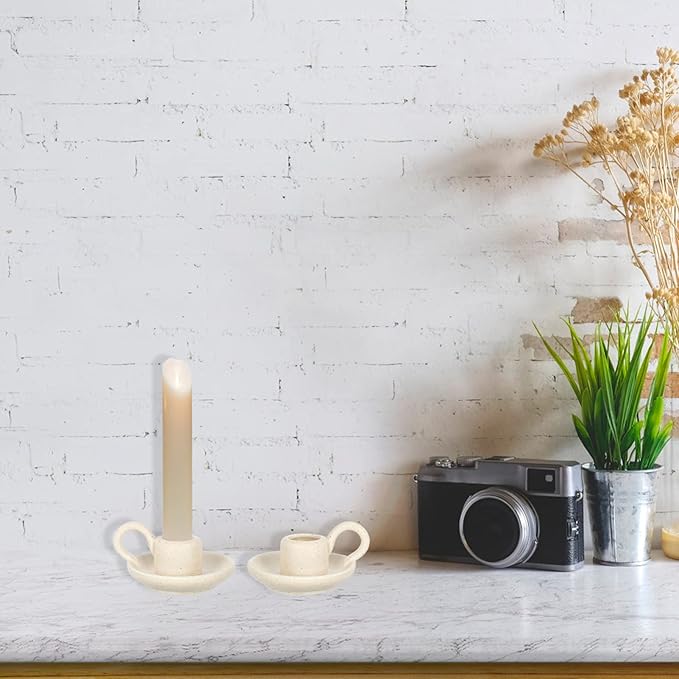 DOITOOL 2Pcs Ceramic Candle Holder Candlestick Holder with Handle, Taper Candle Stand Candlelight Stand Holder Decorative Candle Display Holder for Desktop Dining Room Home Decoration Display (Beige)