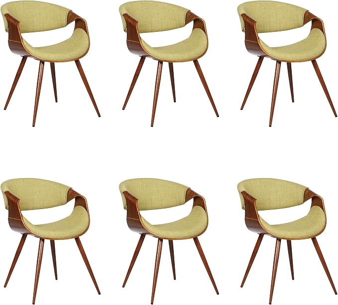 Armen Living Butterfly Mid-Century Dining Chair in Walnut Finish and Green Fabric - Set of 6