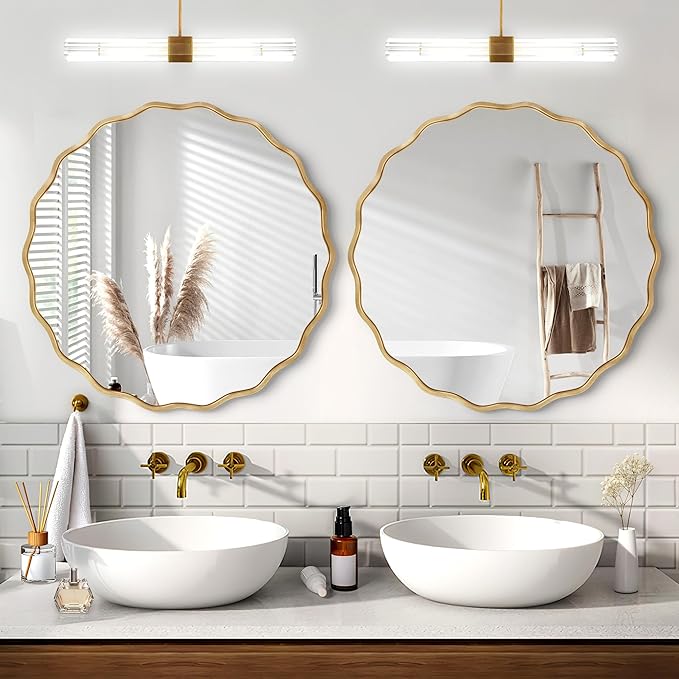 Gold Round Mirror for Wall, 24"x24" Decorative Wavy Bathroom Mirror with Brushed Alloy Steel Frame & Shatter-Proof Glass, Hanging Circle Wall Mirrors for Bathroom, Entryway, Bedroom
