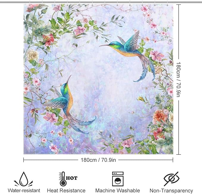 Hummingbird Flower Shower Curtain for Girls,Purple Watercolor Floral Bird Nature Plant Waterproof Shower Curtains for Bathroom Decor 12 Pack Hooks 72x72in (183x183cm)
