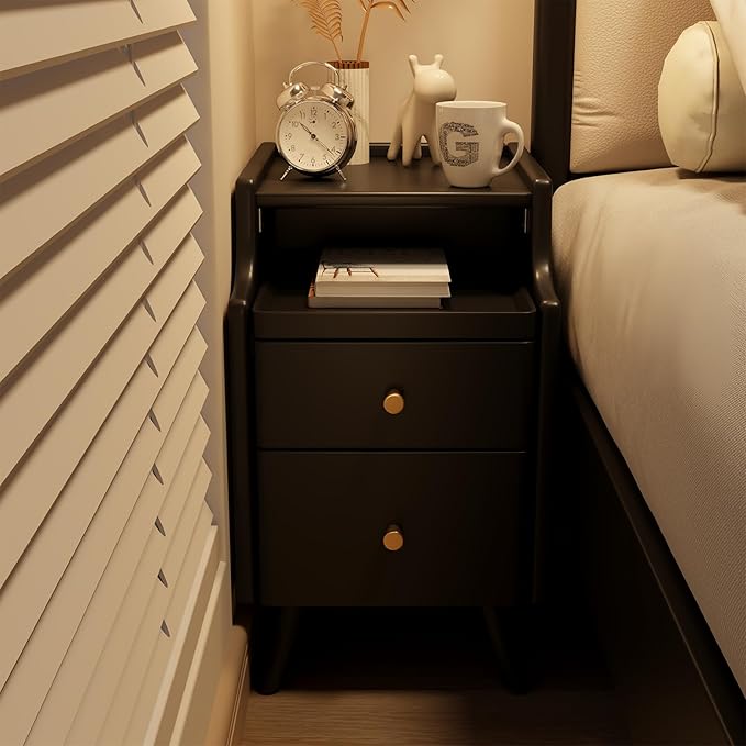 AQIMUELE Wood Nightstand, Black Nightstand with 2 Drawers, Bedside Table for Bedroom