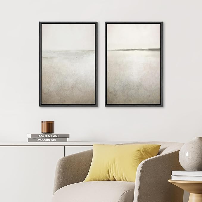 IDEA4WALL Framed Canvas Print Wall Art Set Abstract Sepia Ocean Wave Beach Landscape Nature Wilderness Illustrations Modern Art Decorative Coastal Cottage Seascape for Bedroom - 24"x36"x2 Black