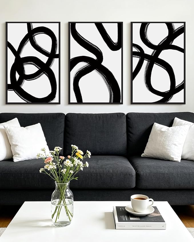 KUVIOKE Black and White Abstract Framed Wall Art Ink Wash Minimalist Lines Painting Artwork for Bedroom Hallway 16x24in (Black Framed)