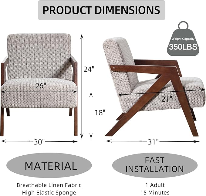 INZOY Accent Chairs Set of 2, Mid Century Modern Accent Chair with Wood Frame, Upholstered Reading Armchair with Soft Linen Fabric, Accent Chair for Living Room Bedroom, Easy Assembly, Light Brown