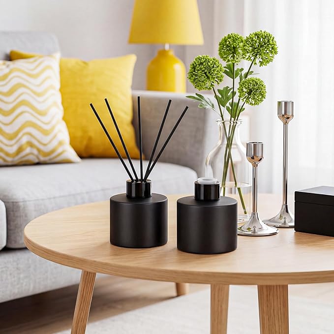 Chunful 10 Sets Black Reed Diffuser Bottle Empty Refillable Fragrance Glass Diffuser Bottles 100ml Round Glass Jars with Black Caps & Rattan Sticks for Living Room Home Replacement Fragrance DIY