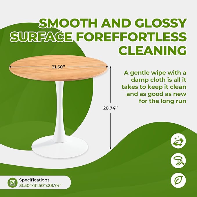 31.5 Inch White and Oak Round Dining Table for 2-4 People,Mid-Century Tulip Kitchen Table, Pedestal Base Table for Small Space Kitchen Dining Room