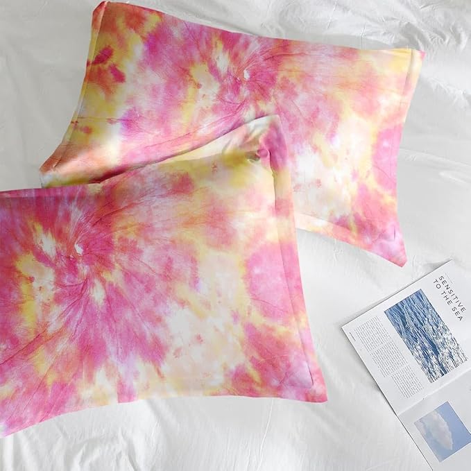 Hippie Tie Dye Orange Queen Comforter Set, Pink Peach Light Bedding Set 3 Piece, All Season Soft Toddlers Children Adults Bedroom Bed Decoration Comforter and 2 Pillow Shams