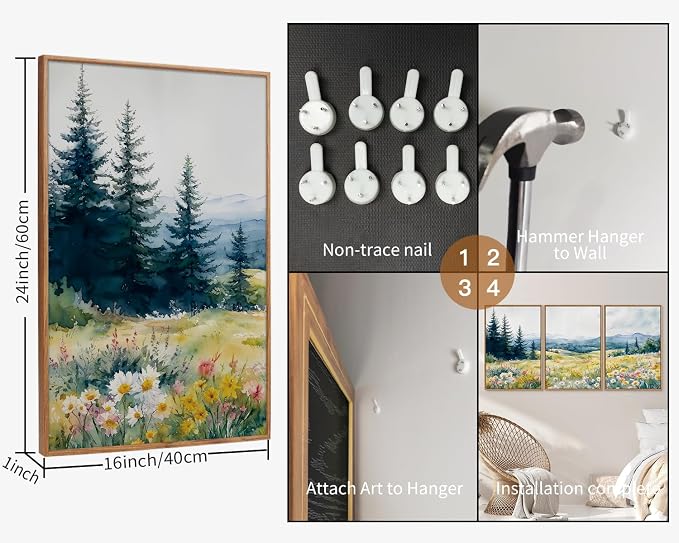 KaiWithYuan Watercolor Mountain Woodland Framed Canvas Wall Art, Nature Pine Tree Forest Wall Decor, Modern Daisy Flower Art Paintings, Cozy Meadow Artwork for Bedroom Living Room Office 16"x24"x3