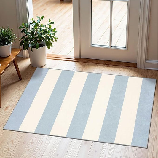 Front Door Mat Outside Entrance - 2x3 Sky Blue White Non-Slip Washable Doormat Indoor Outdoor Entrance Striped Rug Small Throw Rugs for Entryway Bedroom Kitchen Laundry Room Summer Porch Decor