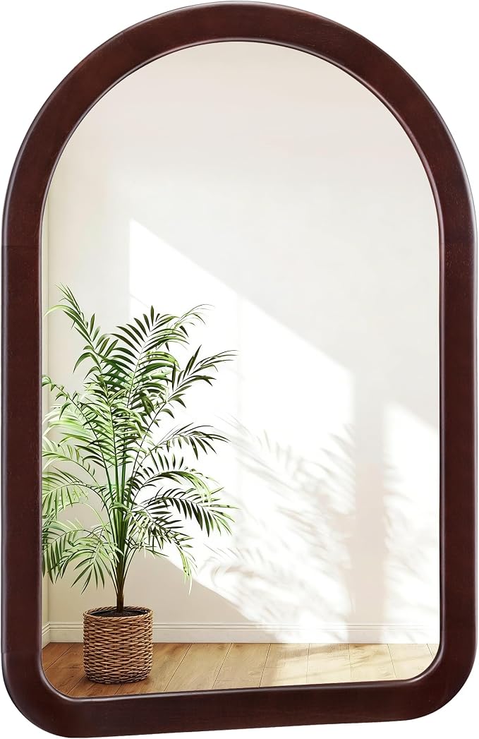 Arched Mirror 24 x 36 Inch,Dark Walnut Brown Wood Rustic Bathroom Tempered Wall Mirror with Wood Frame,Round Corner Arch Farmhouse Wooden Vanity Mirror for Living Room,Entryway or Bedroom